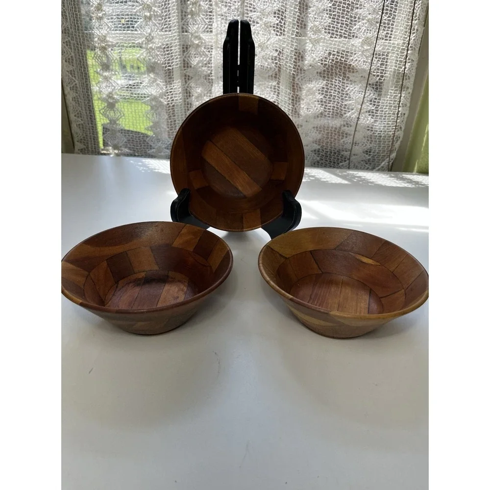 Vtg MCM Segmented Artisan Made Wood Bowl Bullseye Mark Patent Japan 6